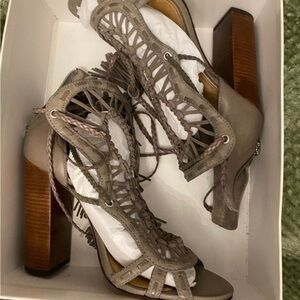 Elegant Taupe Lace-Up Heeled Sandals